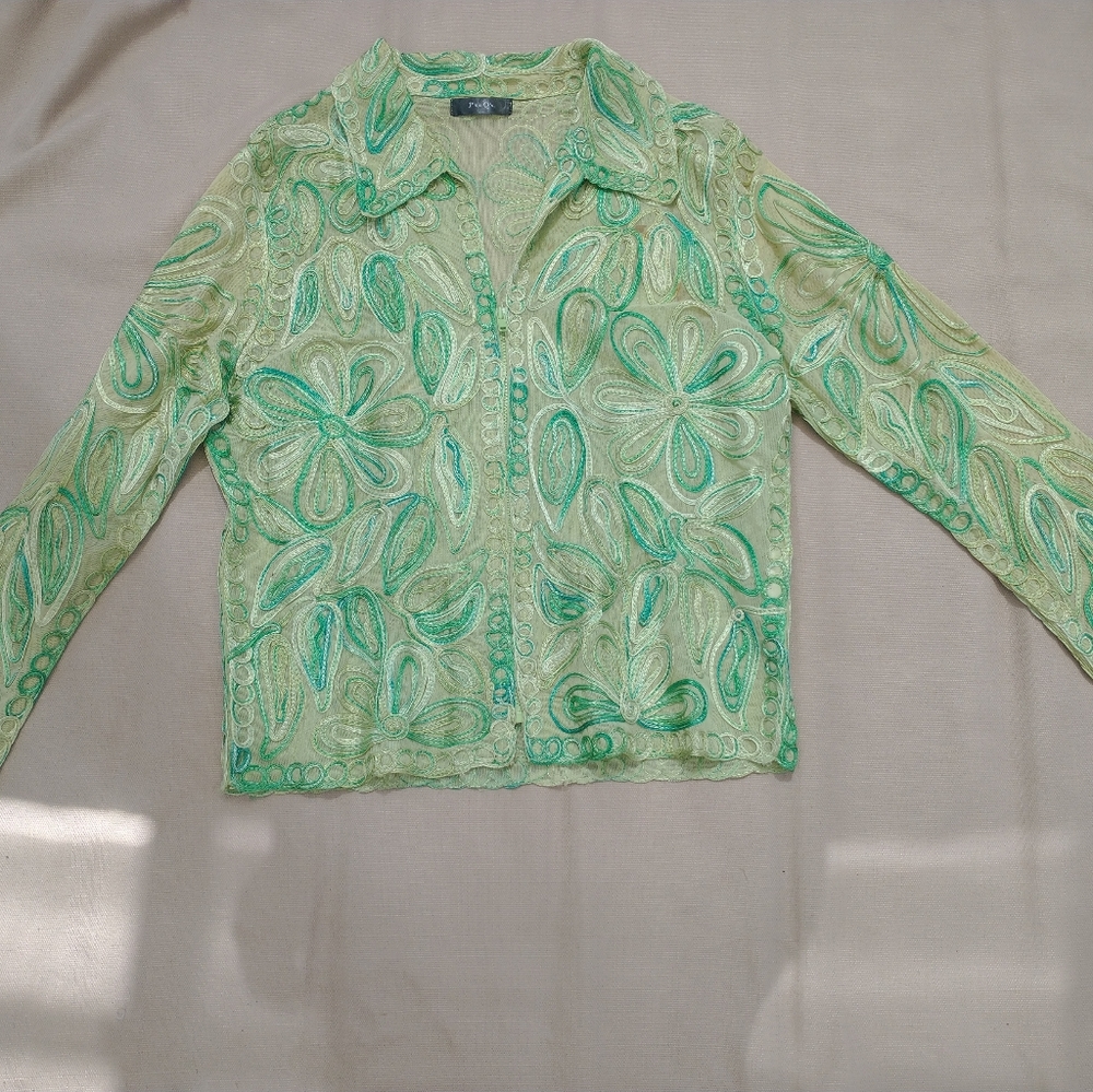 P's and Q's zippered green embroidery mesh jacket psychedelic size M